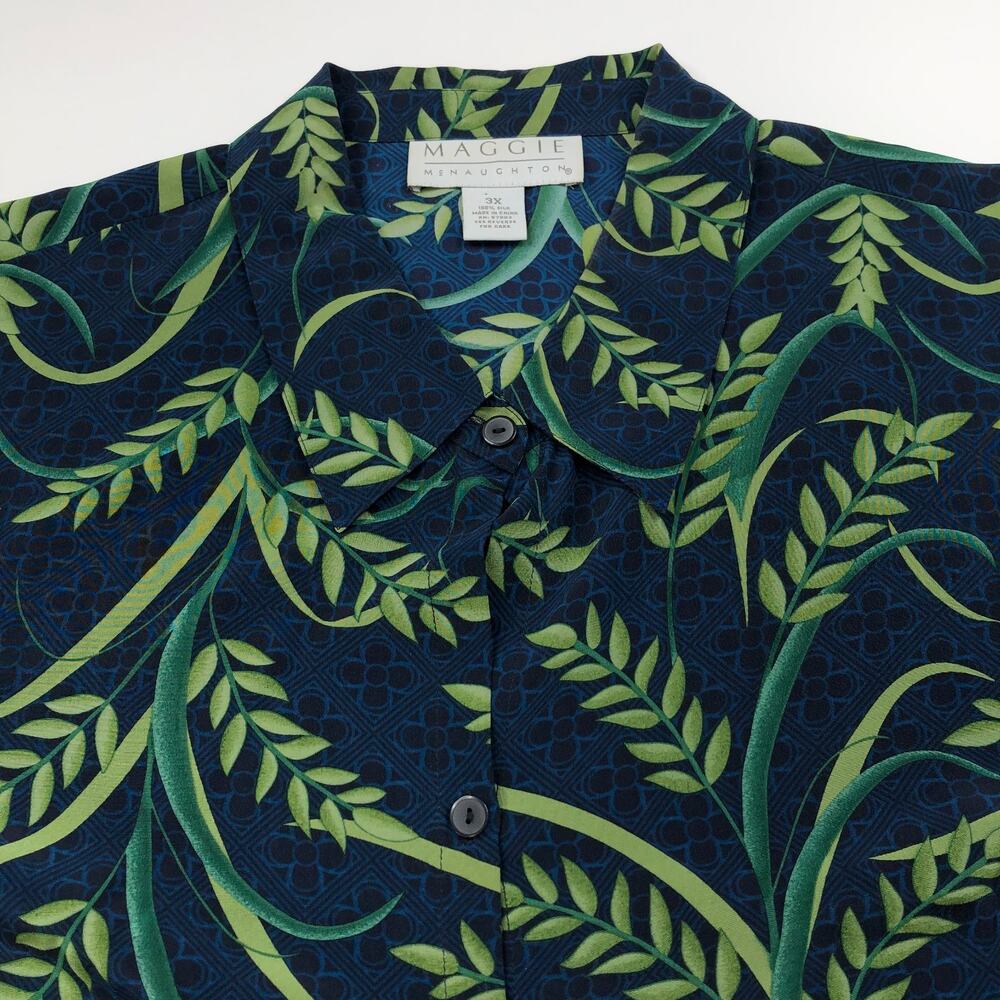 Maggie McNaughton 100% Silk Plus 3X Button Long Sleeve Shirt Floral Blue MINT - Picture 6 of 8